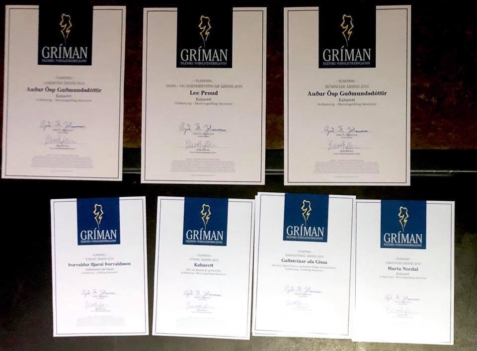 Grímuverðlaunin verða afhent á miðvikudaginn í næstu viku.