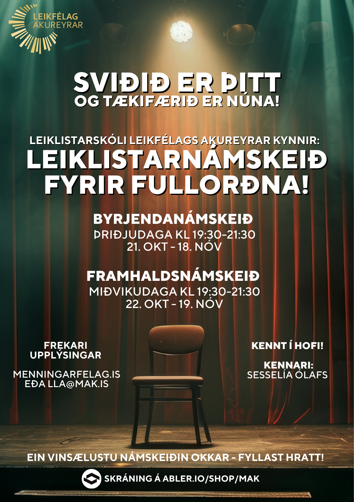 Leiklistarnámskeið fyrir fullorðna hefst 21. október!