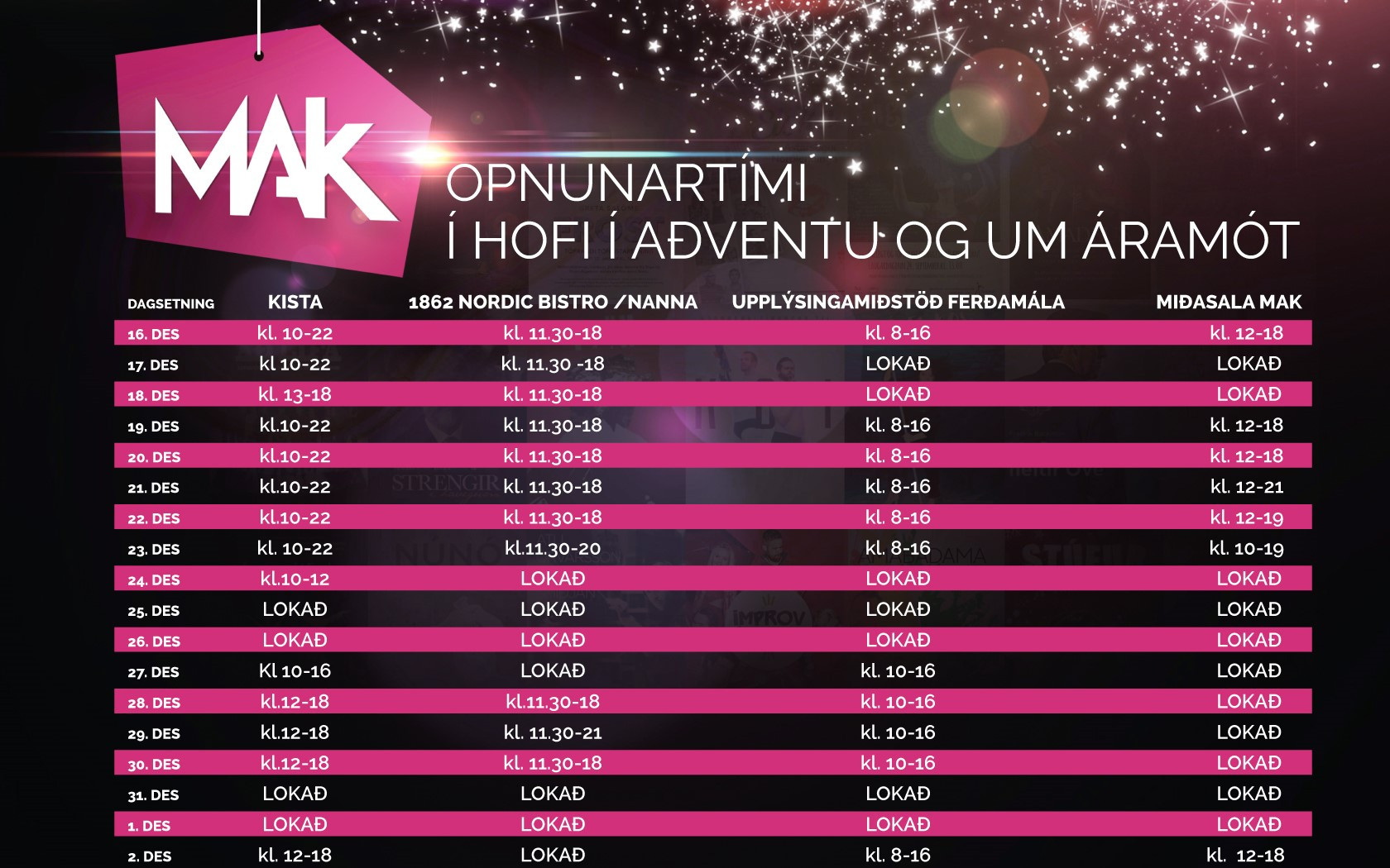 Opnunartími yfir hátíðarnar